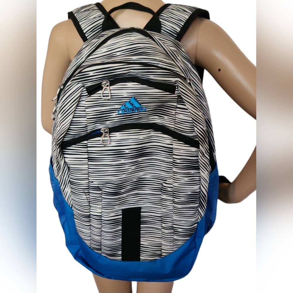Adidas Black White Blue Backpack Bookbag Multiple Pockets